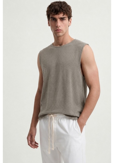 Antioch Relax Fit Dokulu Erkek Kolsuz T-shirt A26y9457 Bej