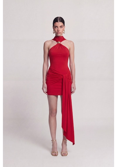 Holly Lolly Halter Yaka Aksesuarlı Mini Lilian Elbise Kırmızı