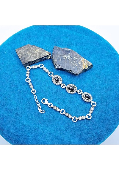 Oval Zirkon Ve Oltu Taşı İşçilikli 925 Ayar Gümüş Bileklik Siyah - Gümüş