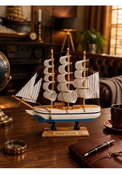 Kişiye İsme Özel El Yapımı Ahşap Yelkenli Gemi Maketi 24 X 24 Cm Premium Masa Üstü Hediyelik 529a