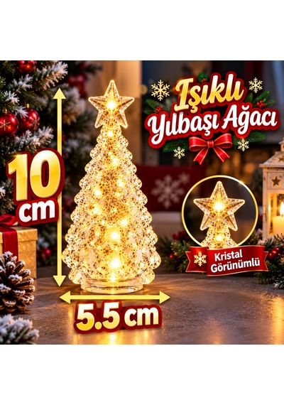 2 Adet Kristal Amber Işıklı Mini Yılbaşı Çam Ağacı Kristal Tepe Yıldızlı Noel Ağacı Yılbaşı Ağacı 10 CM
