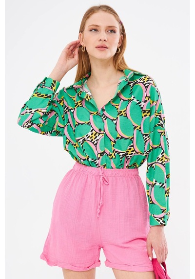 Armonika Kadın Yeşil Desenli Oversize Uzun Basic Gömlek Arm-22y001148