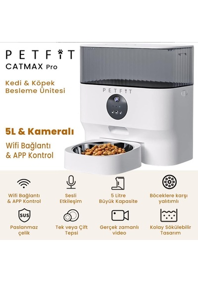 Catmax Pro Akıllı Otomatik Mama Kabı, 5l Kapasiteli, Wi-fi Kameralı, Sesli Komutlu, App Kontrollü, Çelik Kaseli