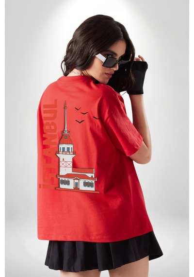 İstanbul Kız Kulesi Türkiye Kırmızı Oversize Unisex Ön Ve Sırt Baskılı Tişört Kırmızı