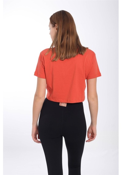 Maraton Sportswear Regular Kadın V Yaka Kısa Kol Basic Kiremit Crop Top 21236 Kiremit
