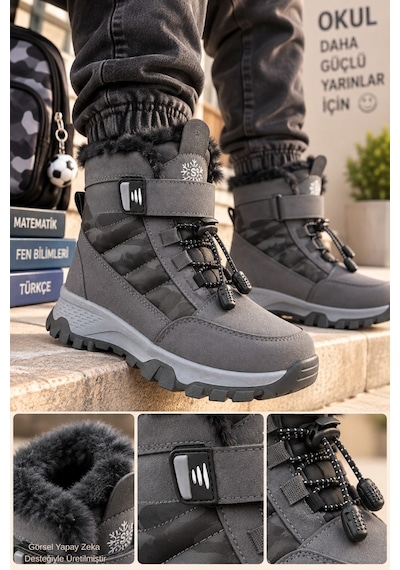 Muggo Peak İçi Kürklü Cırtlı Ve Bağcıklı Unisex Çocuk Kar Botu Gri