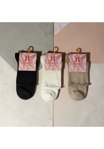 Heren Socks Heren Lastik Fırfırlı 3'lü Kadın Çorap , Fitilli Fırfırlı Kolej Boy Ekru - Bej - Siyah Heren Socks Heren Lastik Fırfırlı 3'lü Kadın Çorap , Fitilli Fırfırlı Kolej Boy Ekru - Bej - Siyah