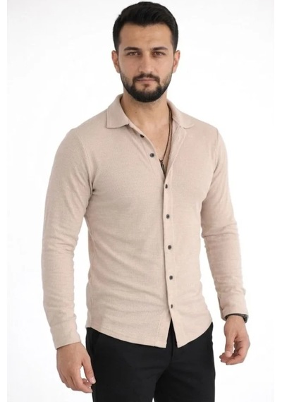 Etiler Collection Erkek Waffle Kumaş Uzun Kollu Düğmeli Açık Yaka Regular Fit Gömlek - Bej
