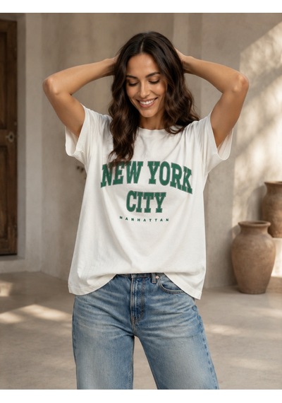 Nealirsanall.com Kadın Ekru New York City Baskılı Oversize T-shirt - Kolej Tarzı Tişört