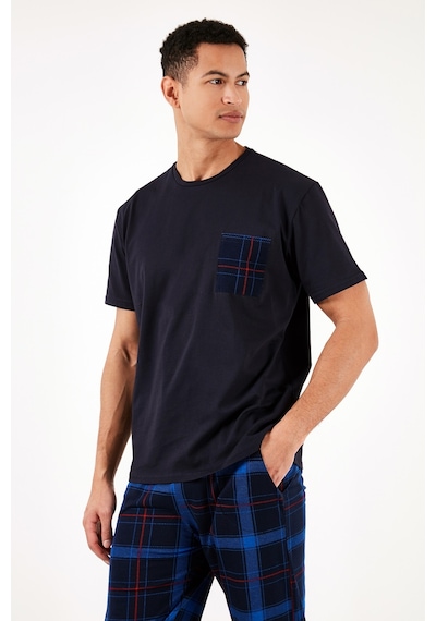 Buratti Ekoseli Pamuklu Regular Fit Kısa Kollu Erkek Pijama Takımı 6572002 Lacivert-Saks