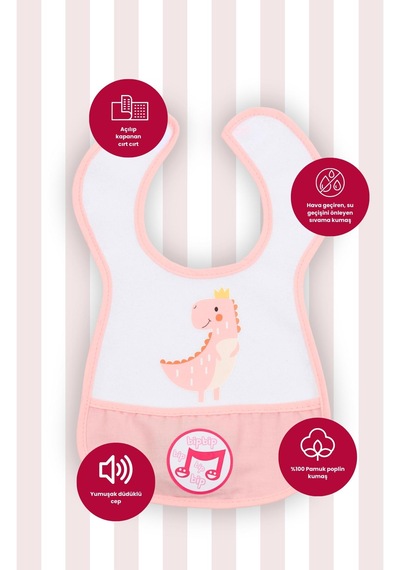Düdüklü Cepli Sıvama Mama Önlüğü - Sevimli Dino Bebek Önlüğü Açık Pembe