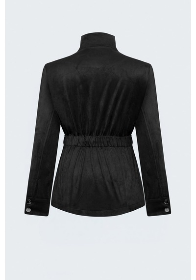 Sateen Kuşaklı Süet Ceket - Siyah-138096