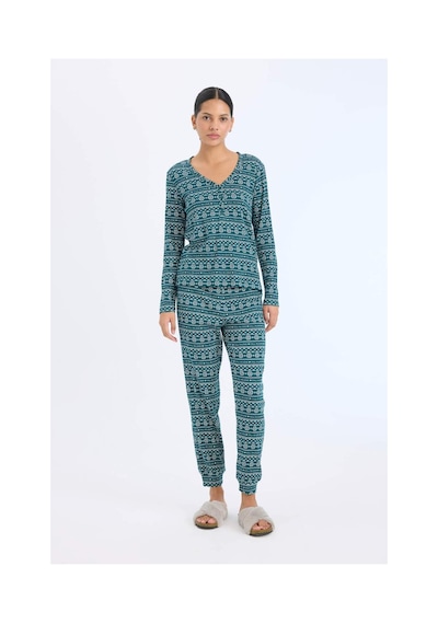 DeFacto Fall in Love Pijama Takımı Waffle Kumaş Uzun Kollu Üst Esnek Belli Uzun Alt D2284AX24WNGN1040 Yeşil