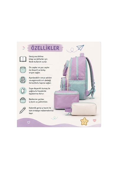Peluş Oyuncak Detaylı 3'lü İlkokul Çanta Seti - Çok Bölmeli Su İtici Okula Dönüş İlkokul Turkuaz
