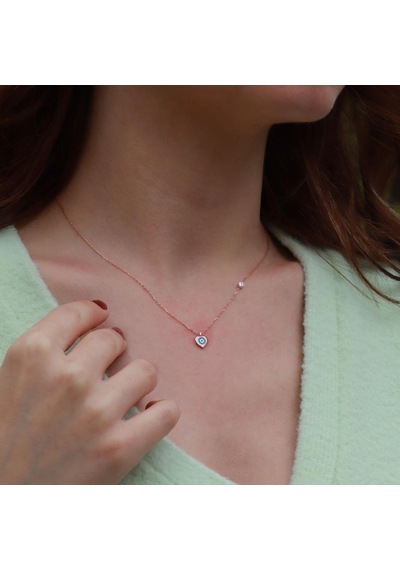 Kalp Figürlü Zirkon Taşlı Mine İşli Rose Gold Kaplama Gümüş Set Gümüş