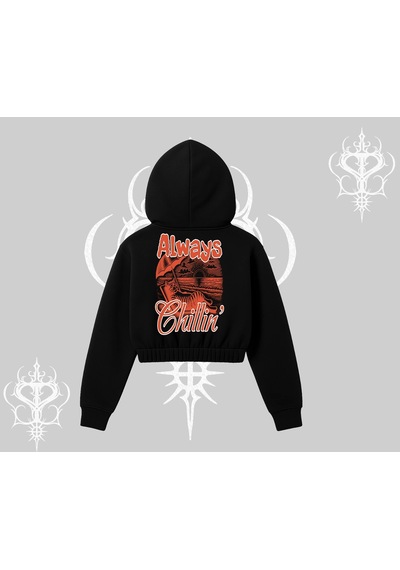 Startmore Always Chillin Kedi Arka Baskılı Kapşonlu Crop Sweatshirt Siyah