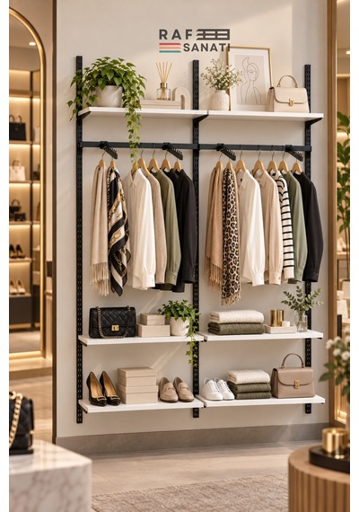 120 Cm Duvar Raf Askılık Sistemi 6 Raflı 2 Modül 200 Cm Konik Dikme Hazır Set Beyaz