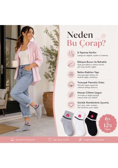Çorap Giyim Kadın Çiçek Desenli Kısa Konç Çorap 12 Li Paket, %80 Pamuklu Dikişsiz Burun, Nefes Alan Yumuşak Bilek Çorabı, Gri Siyah Beyaz Çok Renkli Çorap Giyim Kadın Çiçek Desenli Kısa Konç Çorap 12 Li Paket, %80 Pamuklu Dikişsiz Burun, Nefes Alan Yumuşak Bilek Çorabı, Gri Siyah Beyaz Çok Renkli