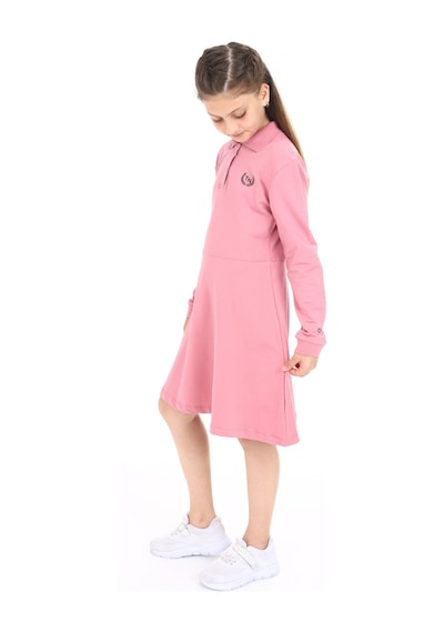 Toontoy Kız Çocuk Baskılı Relax Fit Polo Yaka Düğmeli Uzun Kollu Elbise - Gülkurusu