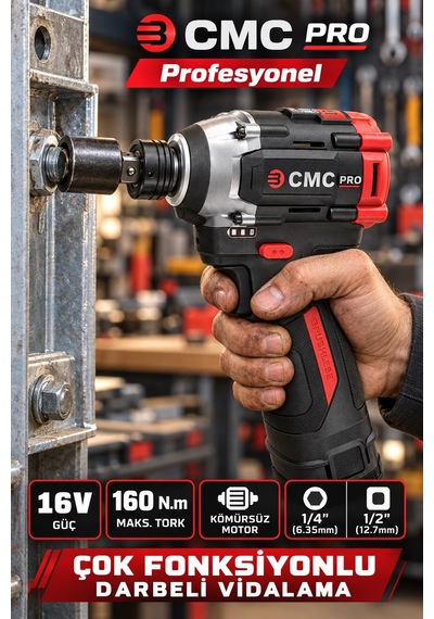 Cmc Profesyonel 16v Kömürsüz Akülü Darbeli Vidalama 160 Nm, Çift 2 Ah Akü, Çok Fonksiyonlu