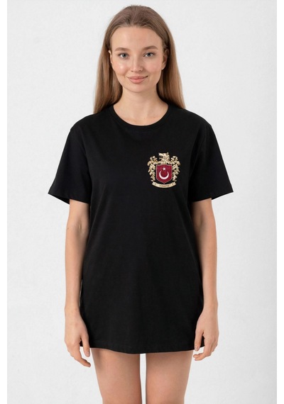 Primemagazam Türk Arma Baskılı Oversize Bisiklet Yaka Günlük T-shirt - Siyah Çeşitli