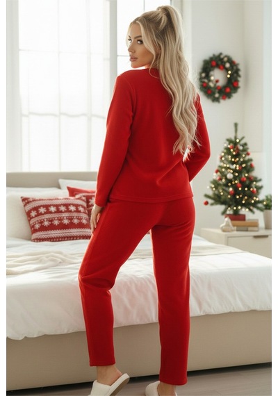 Siyah İnci Polar Kışlık Örme Pijama Takım 25222102 Kırmızı
