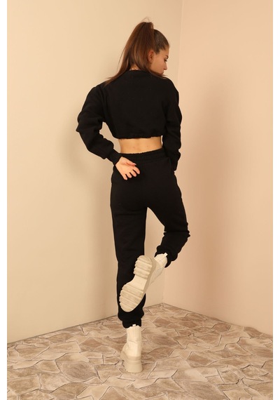 Kaktüs Moda Şardonlu 3 Iplik Kumaş Uzun Kol Kadın Sweatshirt Siya