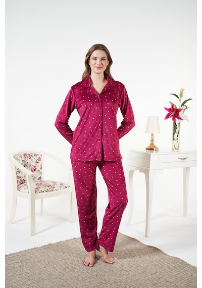Estiva Puantiyeli Önden Düğmeli Kadife Bayan Pijama Takım Bordo