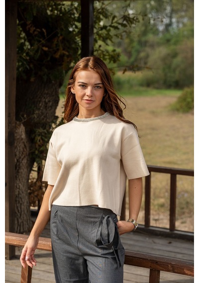Verdeblanco Taşlı Yaka Basic Bluz Krem Krem