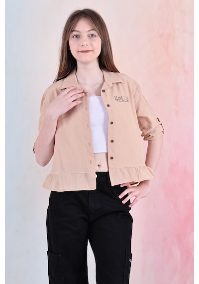 Kız Çocuk Bel Detaylı-taş Baskılı Crop Gömlek 6-15 Yaş 12254 Açık Kahve