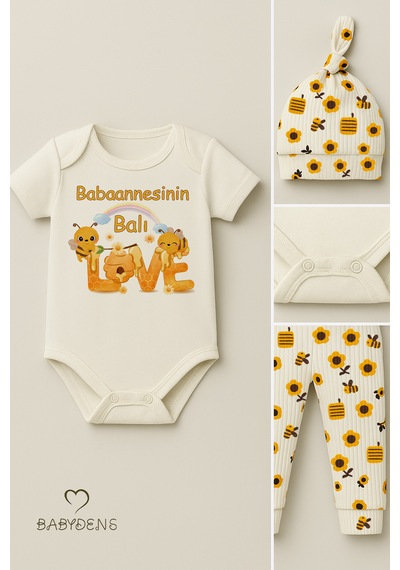 Babyden's 3 Lü Yenidoğan Takım Babaannesinin Balı Baskı Kısa Kol Body Arı Çiçek Desenli Ribana Pantolon Bere Ekru