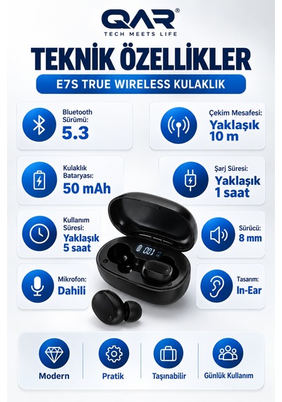 Qar E7S Bluetooth 5.0 Kablosuz Kulak İçi Kulaklık