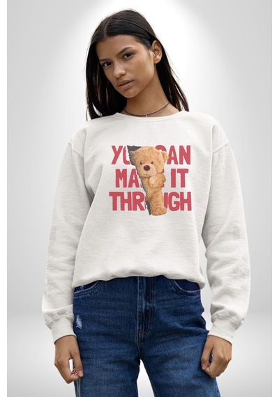 Bunu Alabilirsin Çantadan Çıkan Ayı Unisex Beyaz Baskılı Sweatshirt Beyaz