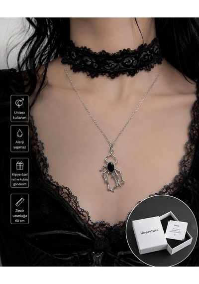 Siyah Taş Detaylı Fantastik Figürlü Unisex Kolye Alternatif Stil Zincir Kolye Çok renkli