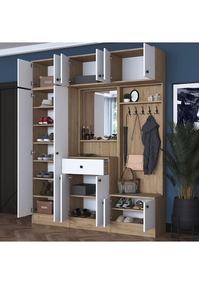 Rani Ea104 Portmanto Çekmeceli Aynalı Raflı Vestiyer Sepet Ceviz - Beyaz