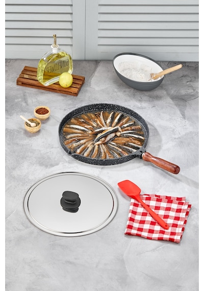 Polochef Kapaklı Döküm Granit Balık Ve Börek Tavası 34 Cm Siyah