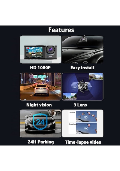 Shineyee 3 Kameralı Araç Kayıt Cihazı - Ön, Arka Ve İç Görüntüleme İle Full Hd 1080p Kayıt, Wifi Bağlantılı