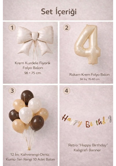 Krem Fiyonk 4 Yaş Doğum Günü Balon Seti