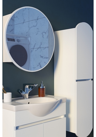 Makbulce Erciyes Havlu Dolaplı 65cm Seramik Lavabolu Mdf Oval Aynalı Banyo Dolabı Beyaz
