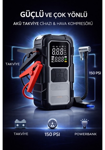 4 İn 1 1200mah Akü Takviye - Yüksek Güç - Lastik Şişirme Pompası - Powerbank - Led Işıklı - Dijital Gösterge - 868796021