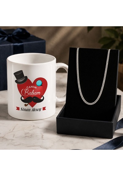 Bk Gift Kişiye Özel Babalar Günü Tasarımlı Beyaz Kupa & Sık Gurmet Zincir Kolye -1, Babalar Günü Hediyesi Gümüş