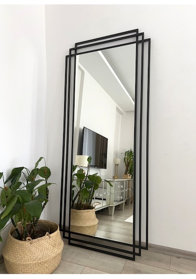 Effe Siyah Metal Çerçeveli 180x80 Cm Dekoratif Ayna 180x80cm-3-lü-siyah