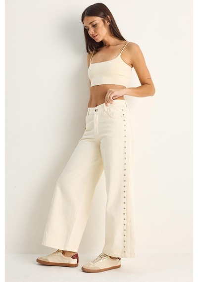 Shade Kadın Yanları Metal Detaylı Wide Leg Denim Pantolon 60282058 - Krem