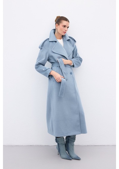 Sateen Geniş Yaka Uzun Kaban - Mavi-136668 Mavi