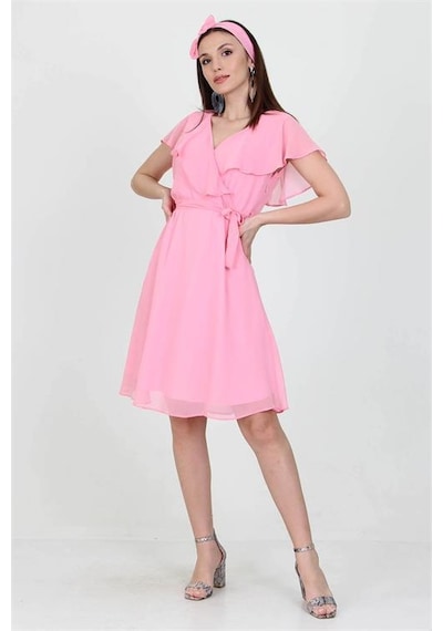 Neşeli Butik Kadın Kruvaze Yaka Bağlama Detaylı Yeni Sezon Şifon Elbise Nb8081 Pudra