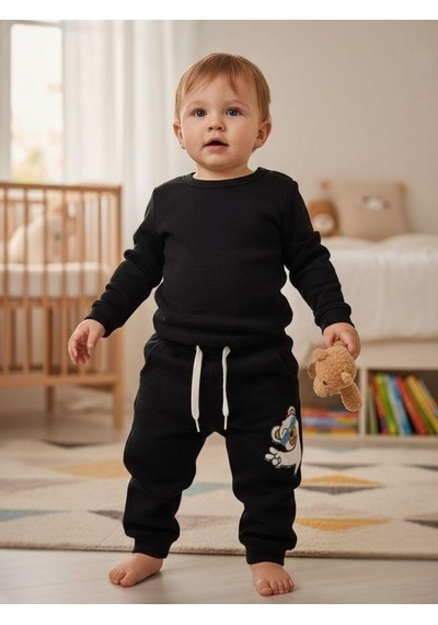 Zekids Bebek Ayıcık Desenli Eşofman Alt-16391 Siyah