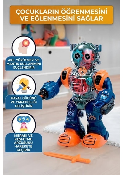 Şeffaf Dişli Mekanizmalı, Işıklı, Sesli, Hareketli Ve Ok Atan Eğitici Robot Oyuncak - 24.5 Cm
