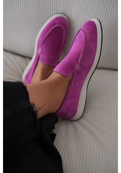 Felina Hakiki Süet Düz Tabanlı Kadın Loafer- Fuşya
