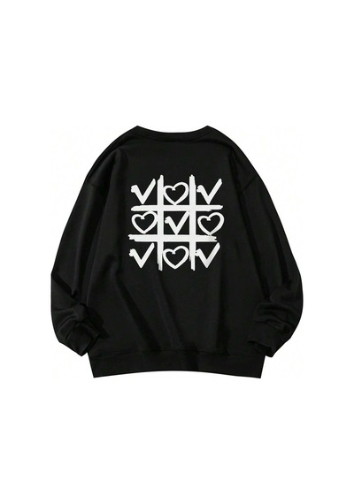Startmore Heart Pattern Drop Shoulder Pullover Siyah Siyah