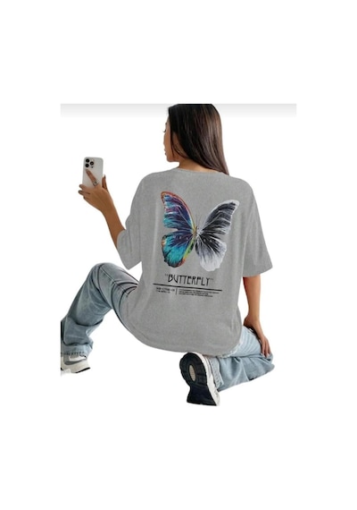 Kozia Outdoors Kadın Butterfly Baskılı Bisiklet Yaka Tişört Gri Gri